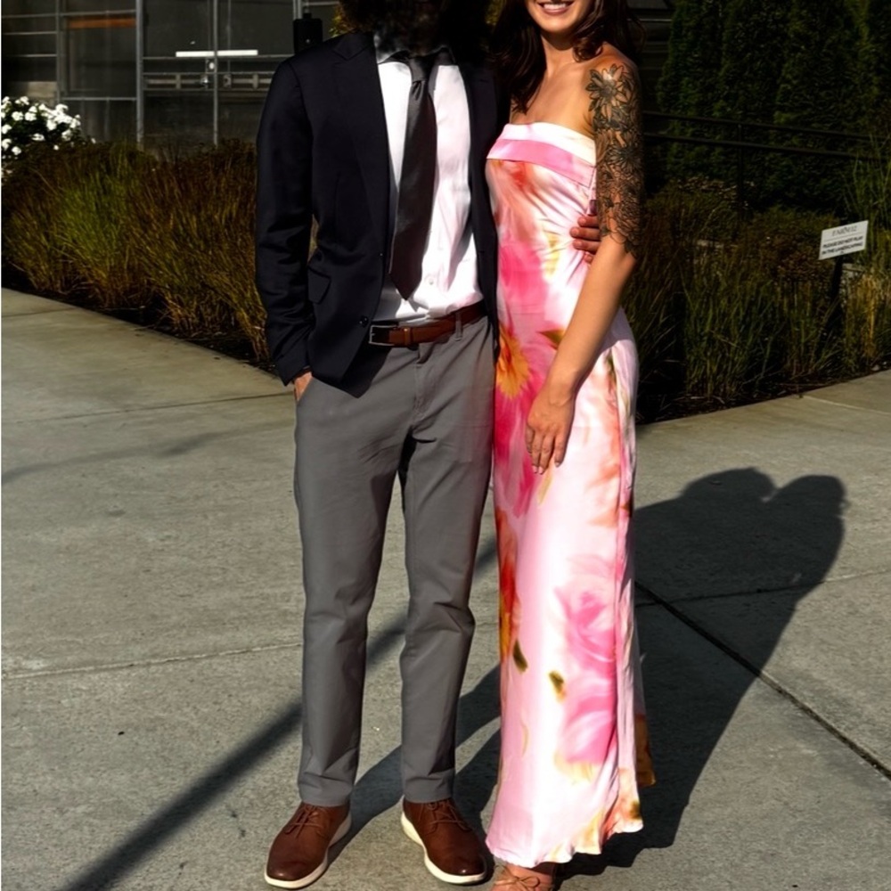 Pink floral strapless silk gown